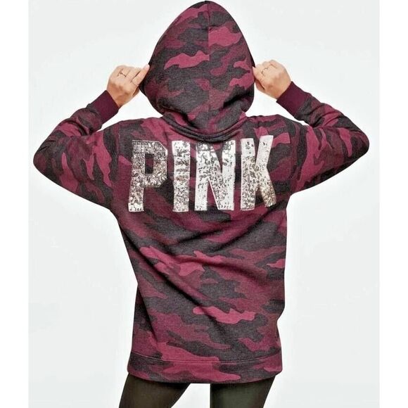 VICTORIA'S SECRET PINK CAMO BLING SEQUIN MAROON HOODIE - Picture 1 of 7